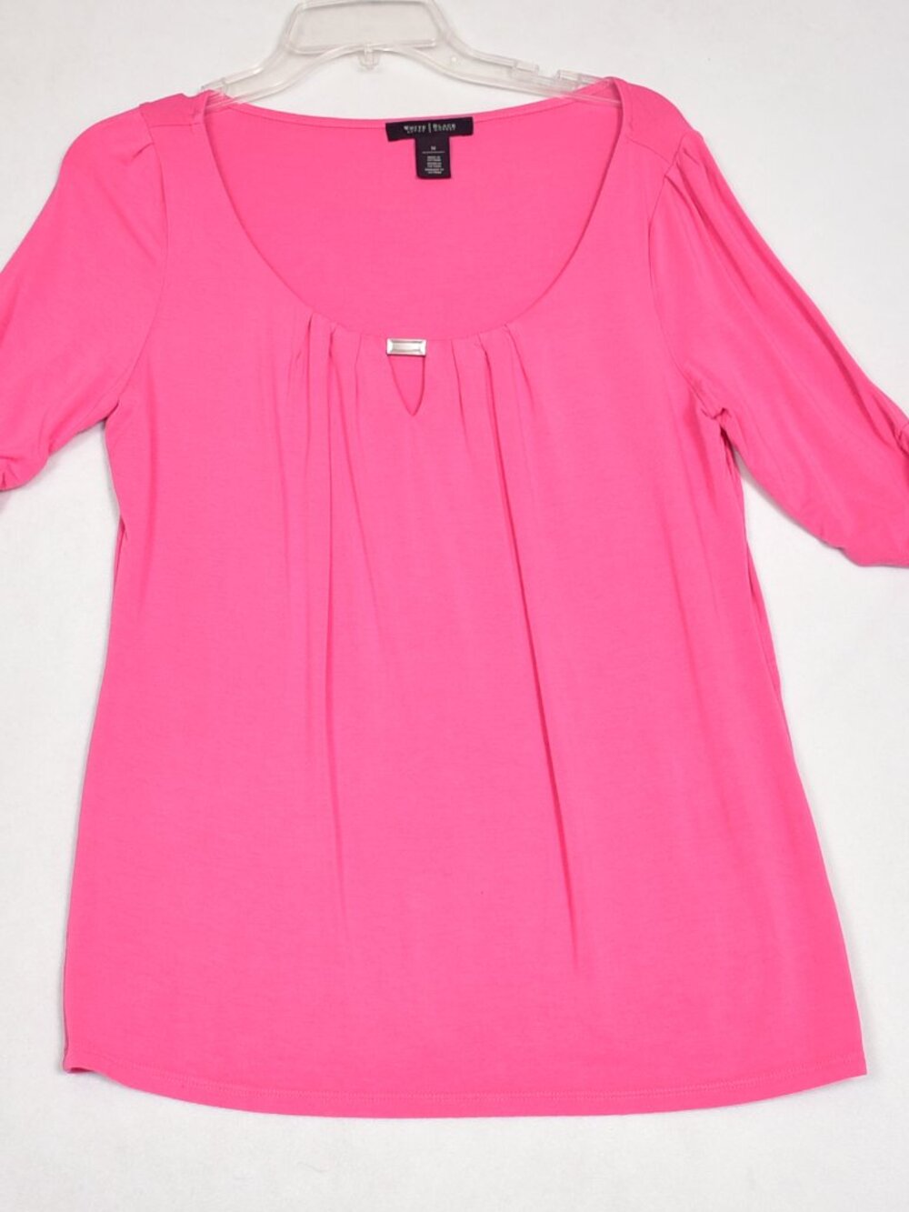 White House Black Market Blouse Pink Gold Bar Lined Stretchy Short Sleeves Sz M